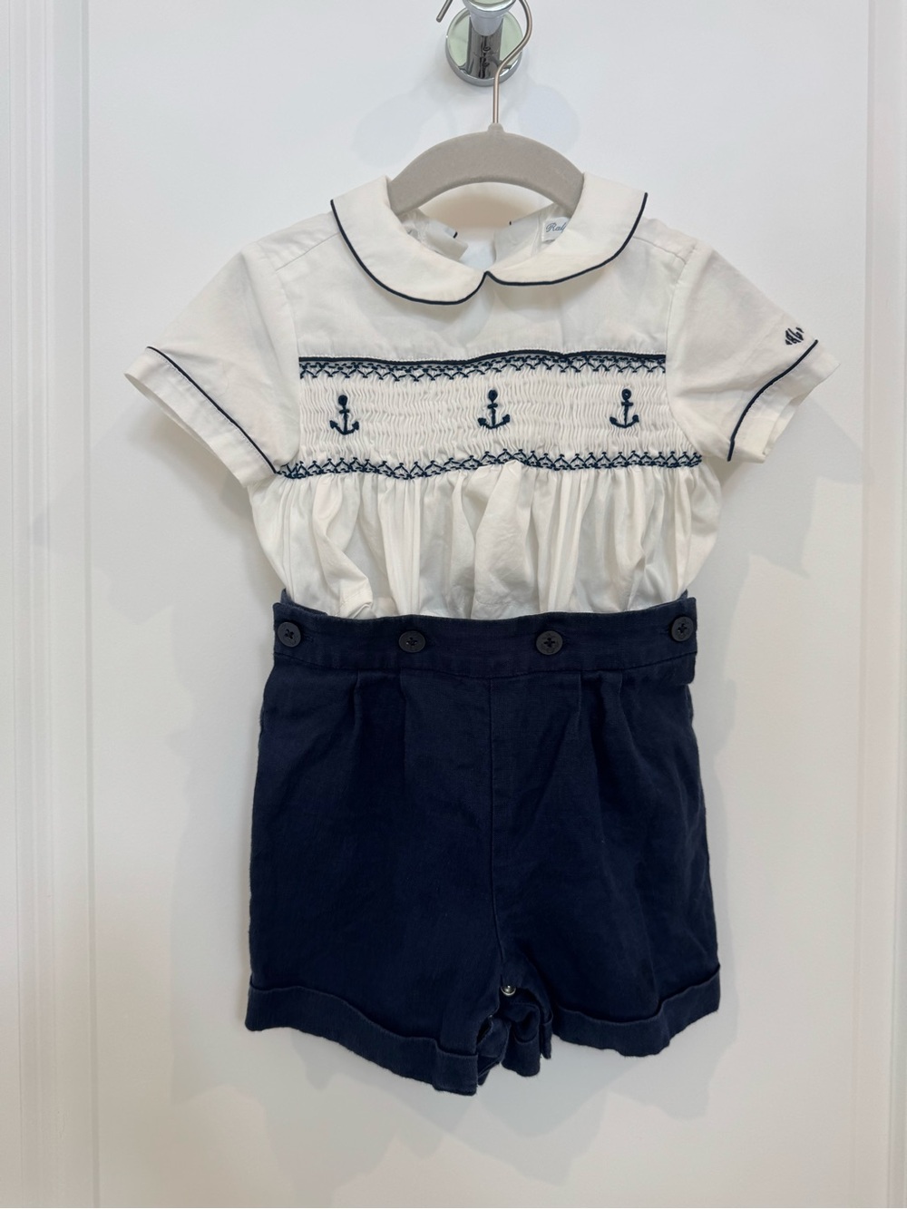 Ralph Lauren White Top with Navy Anchor-Trim Shorts